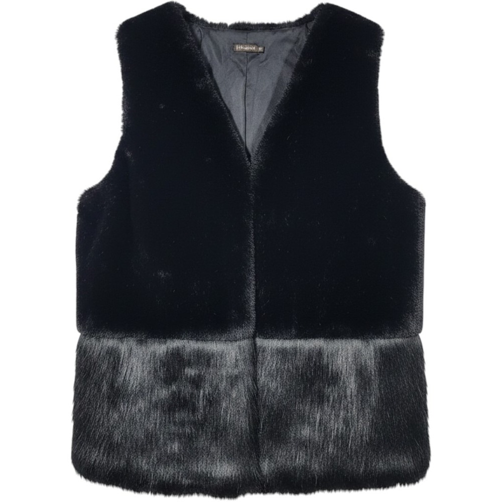 J.McLaughlin Womens Faux Fur Vest Black Gray Color Block Hook & Eye Open Front M
